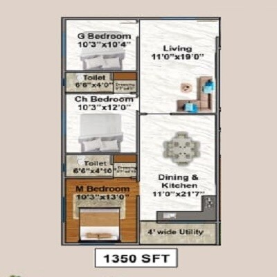 Floor plan of 3 BHK 1350 Sq. Ft. Apartment in Vishwanadh Avenues V18, Vizag