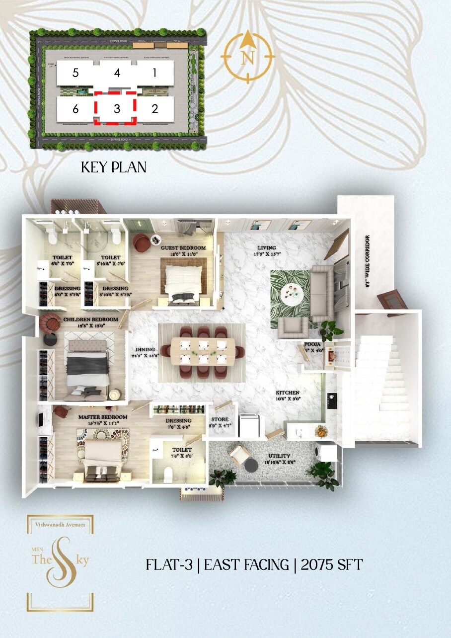 Floor plan of 3 BHK 2075 Sq. Ft. Apartment in Vishwanadh The Sky, Vizag