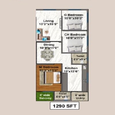 Floor plan of 3 BHK 1290 Sq. Ft. Apartment in Vishwanadh Avenues, Vizag