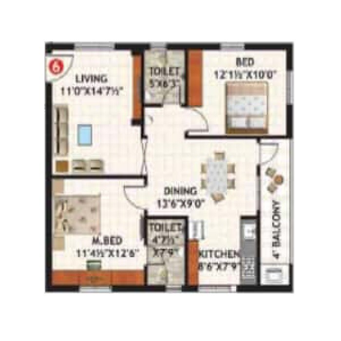 Floor plan of 2 BHK 1100 Sq. Ft. Apartment in Vizag Green City Homes, Vizag