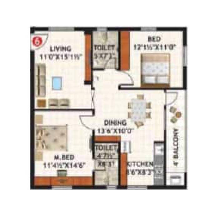 Floor plan of 2 BHK 1200 Sq. Ft. Apartment in Vizag Green City Homes, Vizag