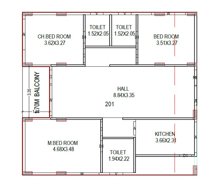 Floor plan of 3 BHK 1550 Sq. Ft. Apartment in Venkata VK Homes, Vizag
