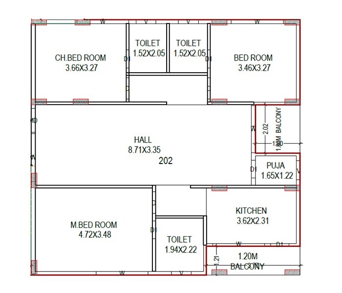 Floor plan of 3 BHK 1559 Sq. Ft. Apartment in Venkata VK Homes, Vizag