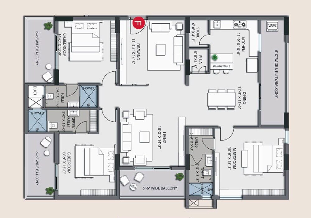 Floor plan of 3 BHK 1388 Sq. Ft. Apartment in VK Nexus XVI, Vizag