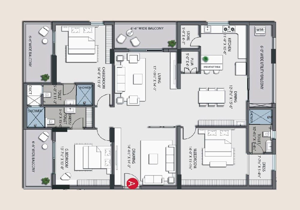 Floor plan of 3 BHK 1958 Sq. Ft. Apartment in VK Nexus XVI, Vizag
