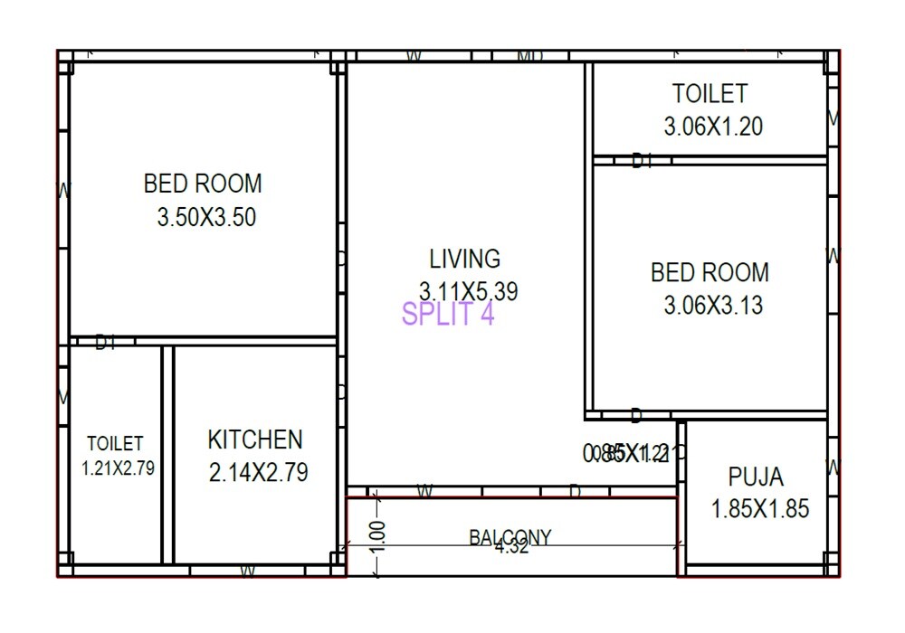 Floor plan of 2 BHK 1040 Sq. Ft. Apartment in VNS Hill View Paradise, Vizag
