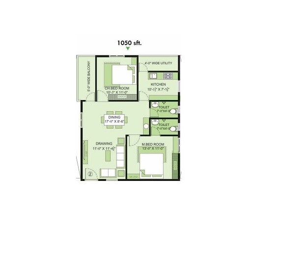Floor plan of 2 BHK 1050 Sq. Ft. Apartment in VRG Silver Springs, Vizag