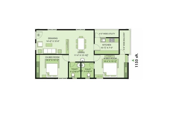 Floor plan of 2 BHK 1155 Sq. Ft. Apartment in VRG Silver Springs, Vizag