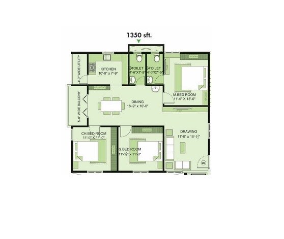 Floor plan of 3 BHK 1350 Sq. Ft. Apartment in VRG Silver Springs, Vizag