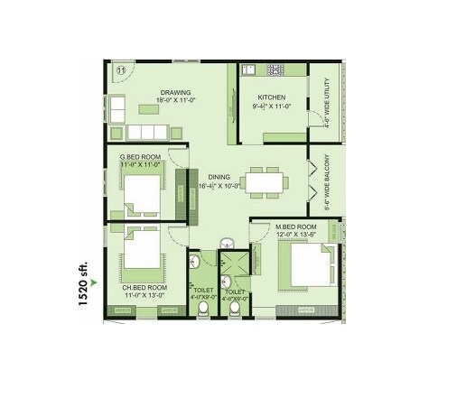 Floor plan of 3 BHK 1520 Sq. Ft. Apartment in VRG Silver Springs, Vizag