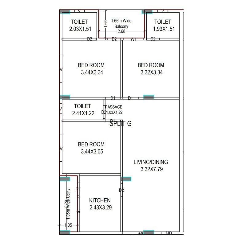 Floor plan of 3 BHK 1374 Sq. Ft. Apartment in Vudata Sk Towers 24, Vizag