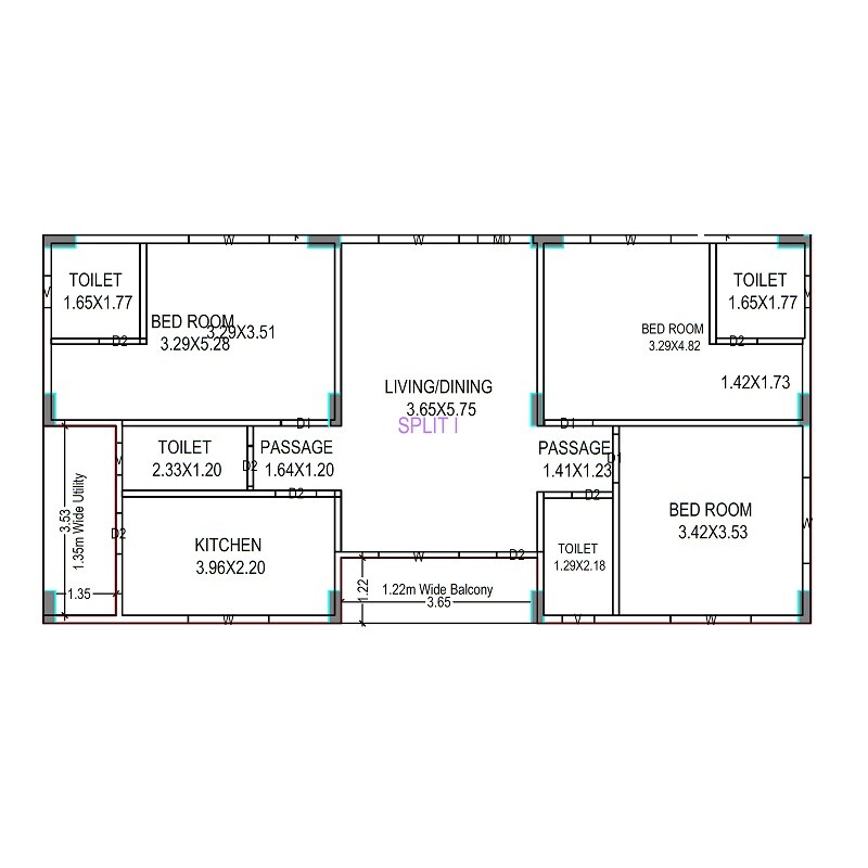 Floor plan of 3 BHK 1490 Sq. Ft. Apartment in Vudata Sk Towers 24, Vizag