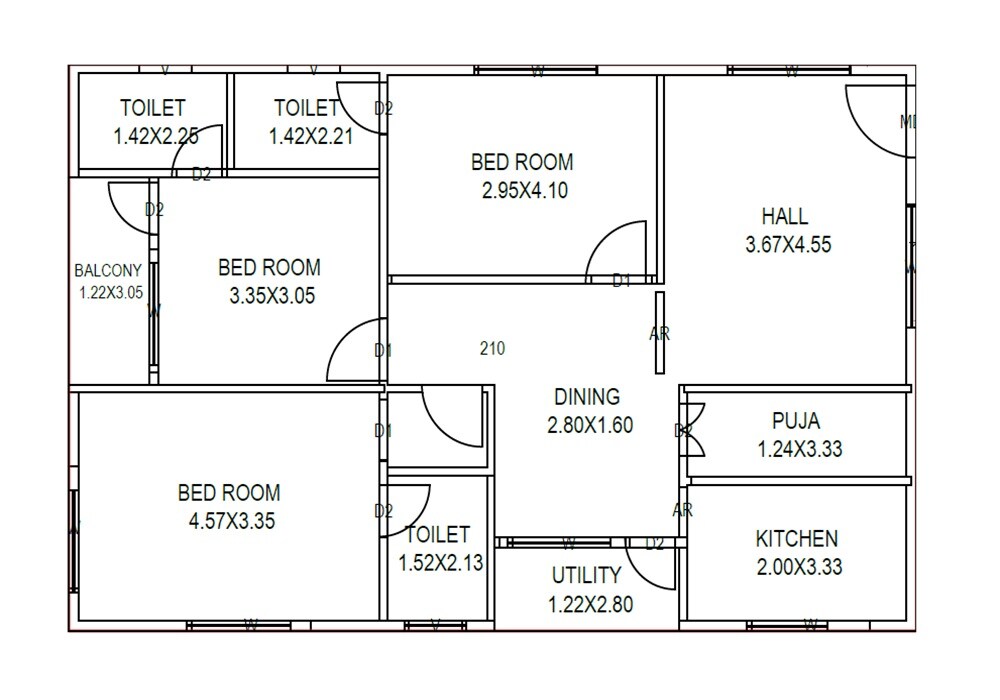 Floor plan of 3 BHK 1599 Sq. Ft. Apartment in Vyjayanthi High End Living Spaces, Vizag