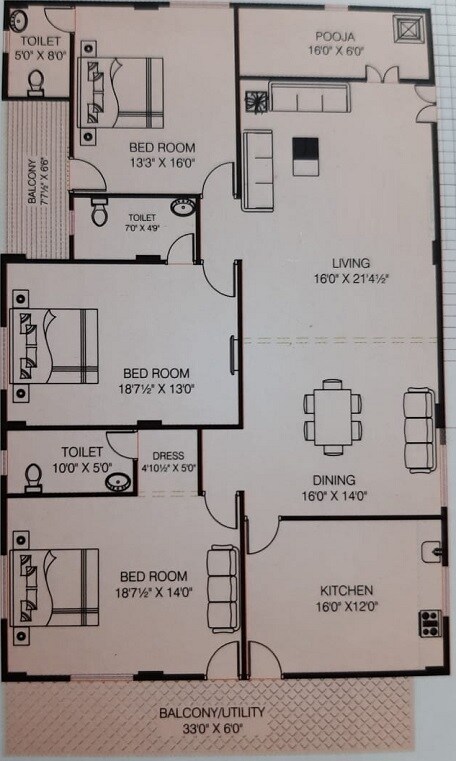 Floor plan of 3 BHK 1466 Sq. Ft. Apartment in Y T Y Prime, Vizag