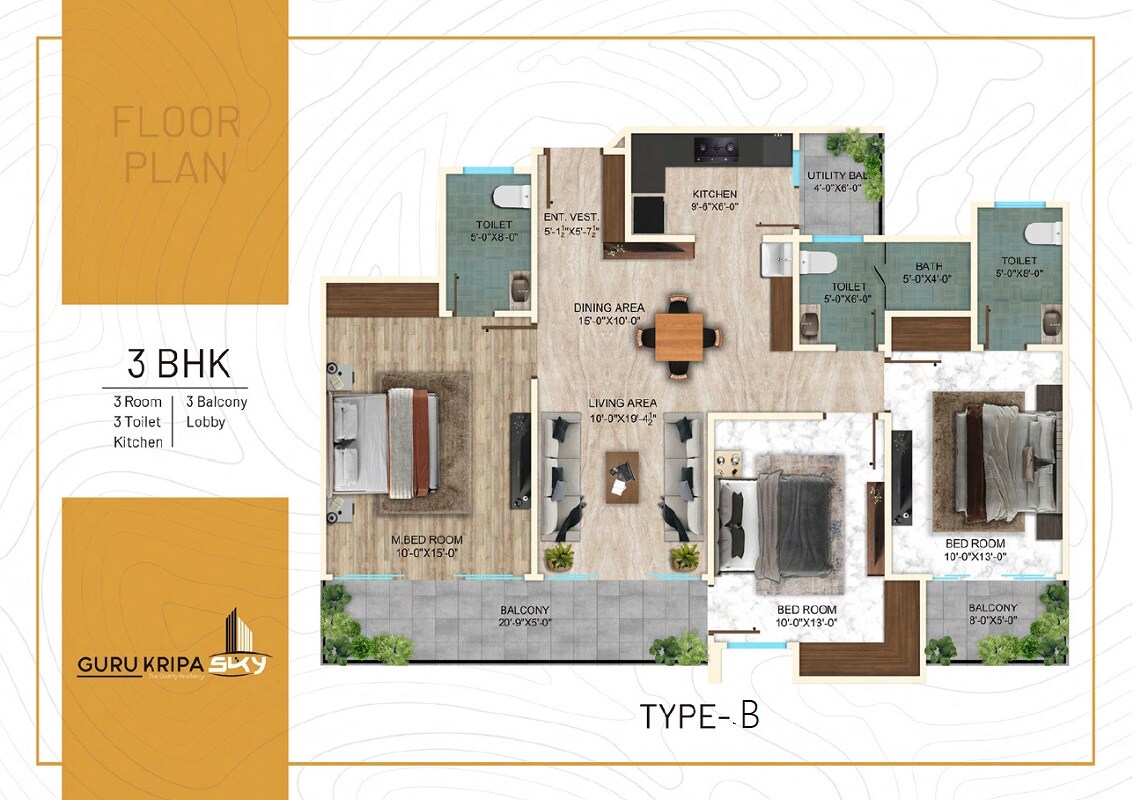 Floor plan of 3 BHK Apartment - 1735 sq. ft. in Guru Kripa Sky, Vrindavan