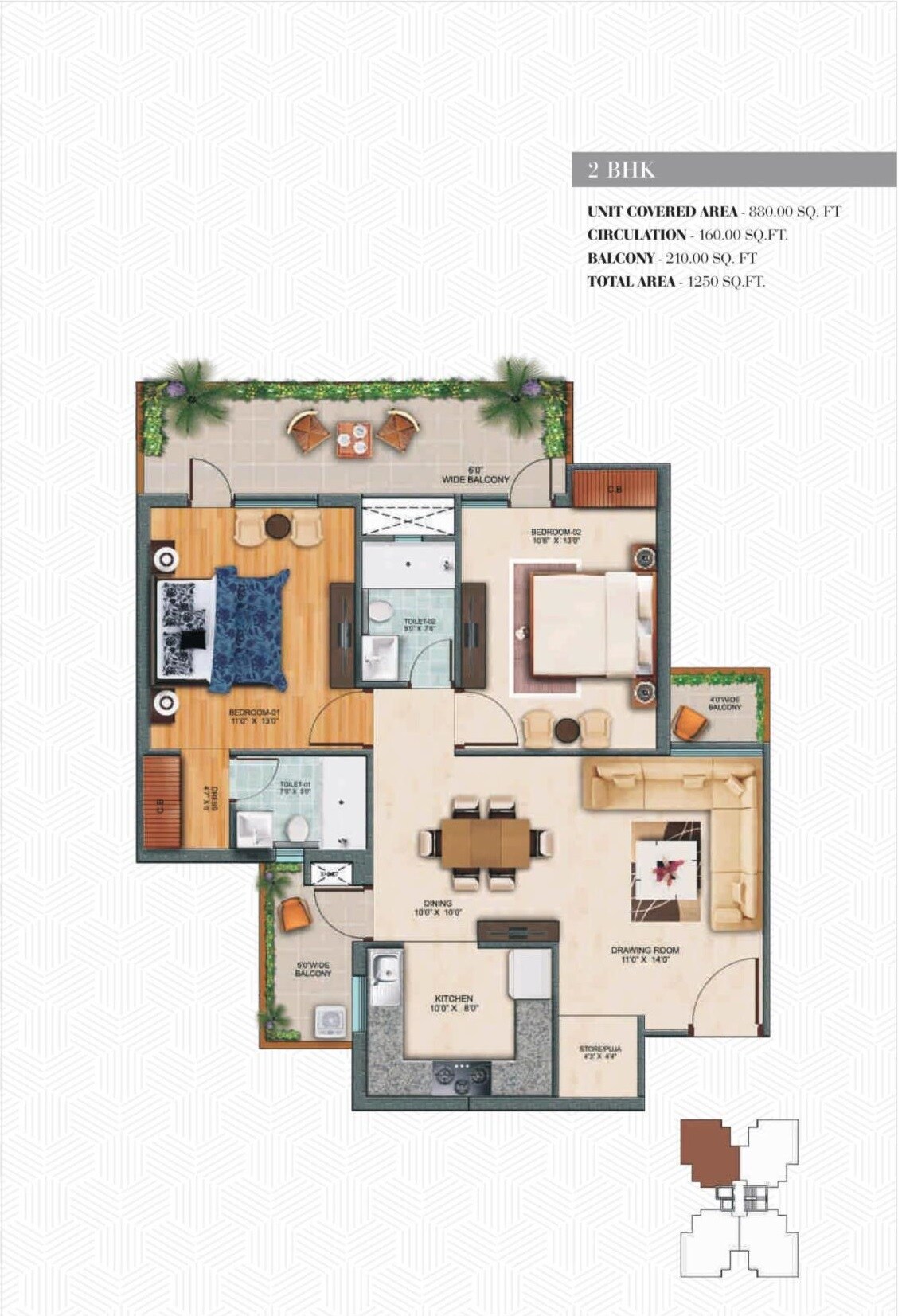 Floor plan of 2 BHK 880 Sq. Ft. Apartment in Affinity Greens, Zirakpur