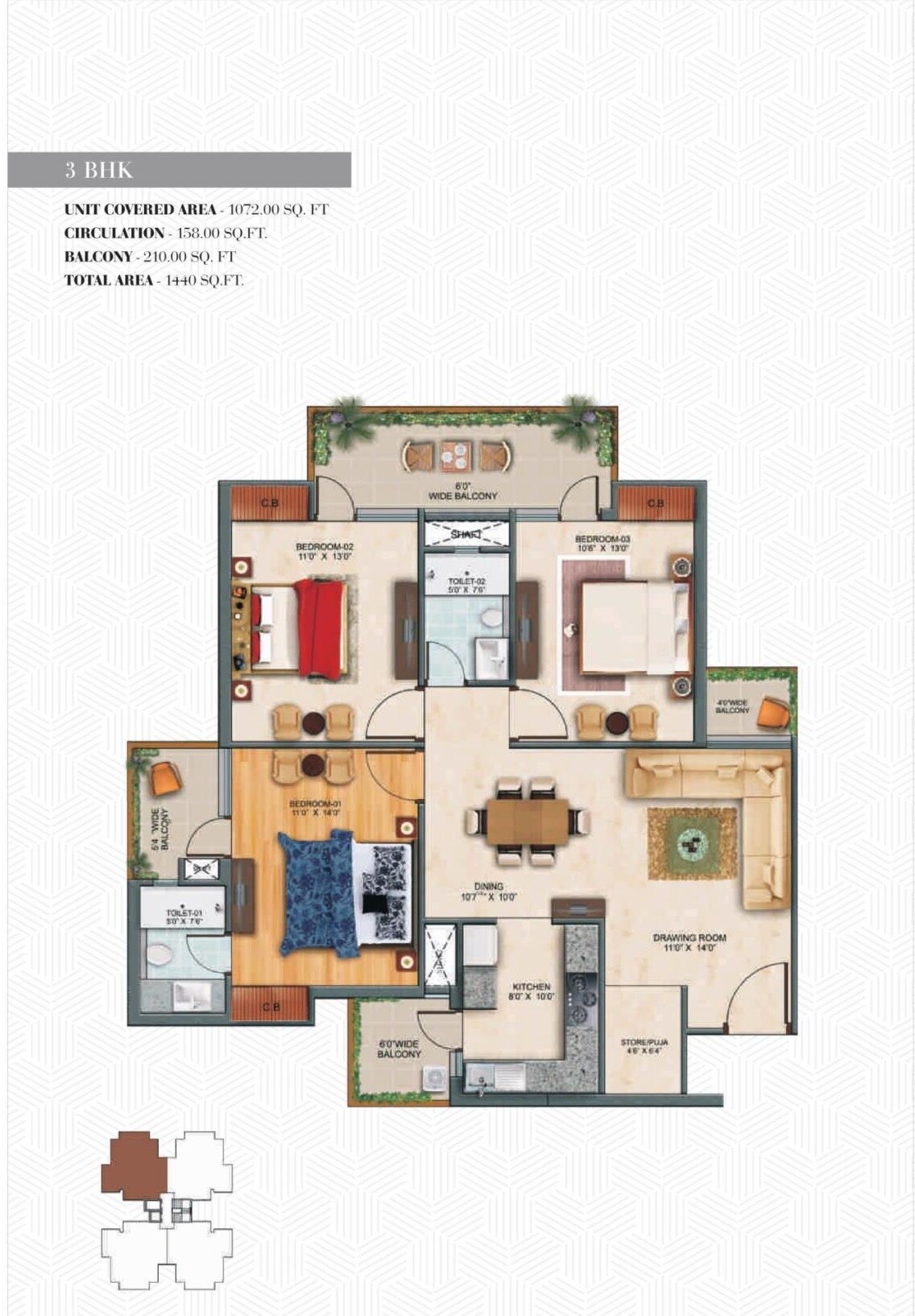 Floor plan of 3 BHK 1072 Sq. Ft. Apartment in Affinity Greens, Zirakpur