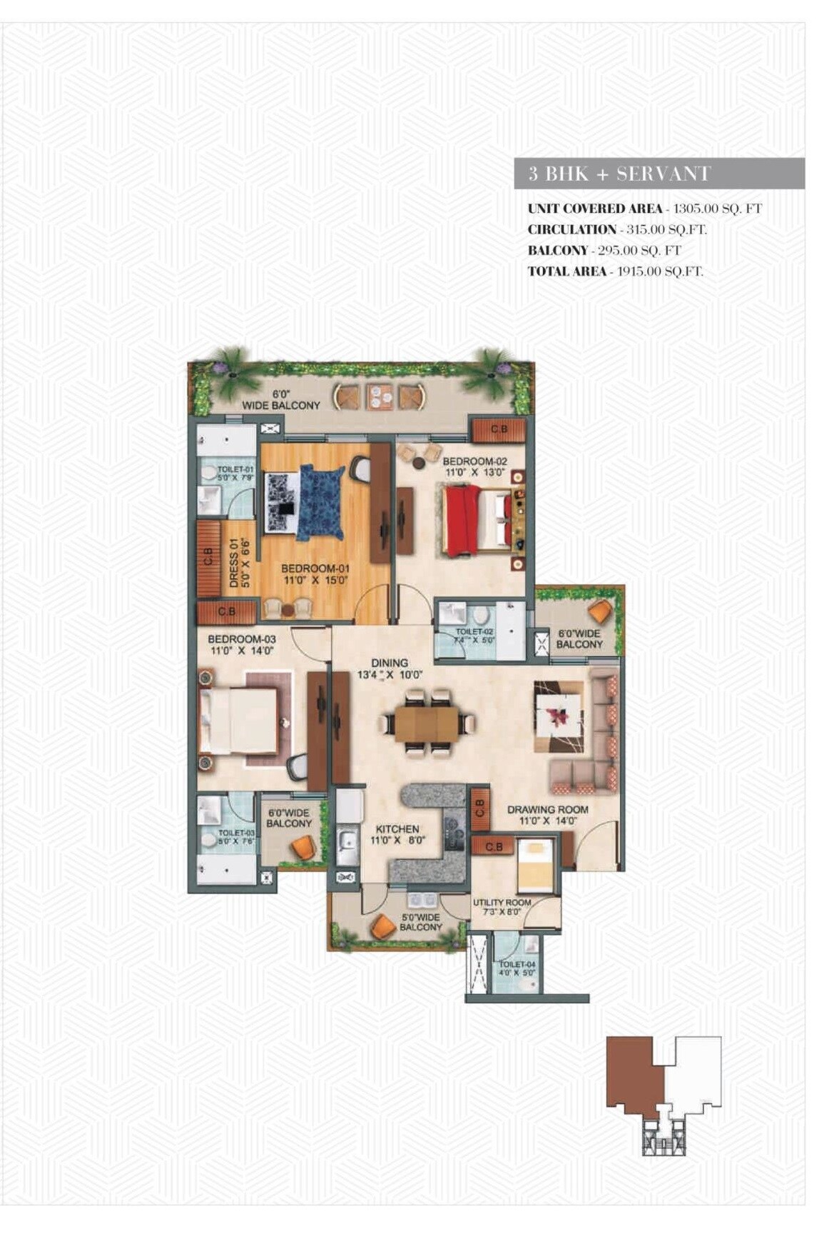 Floor plan of 3 BHK 1305 Sq. Ft. Apartment in Affinity Greens, Zirakpur
