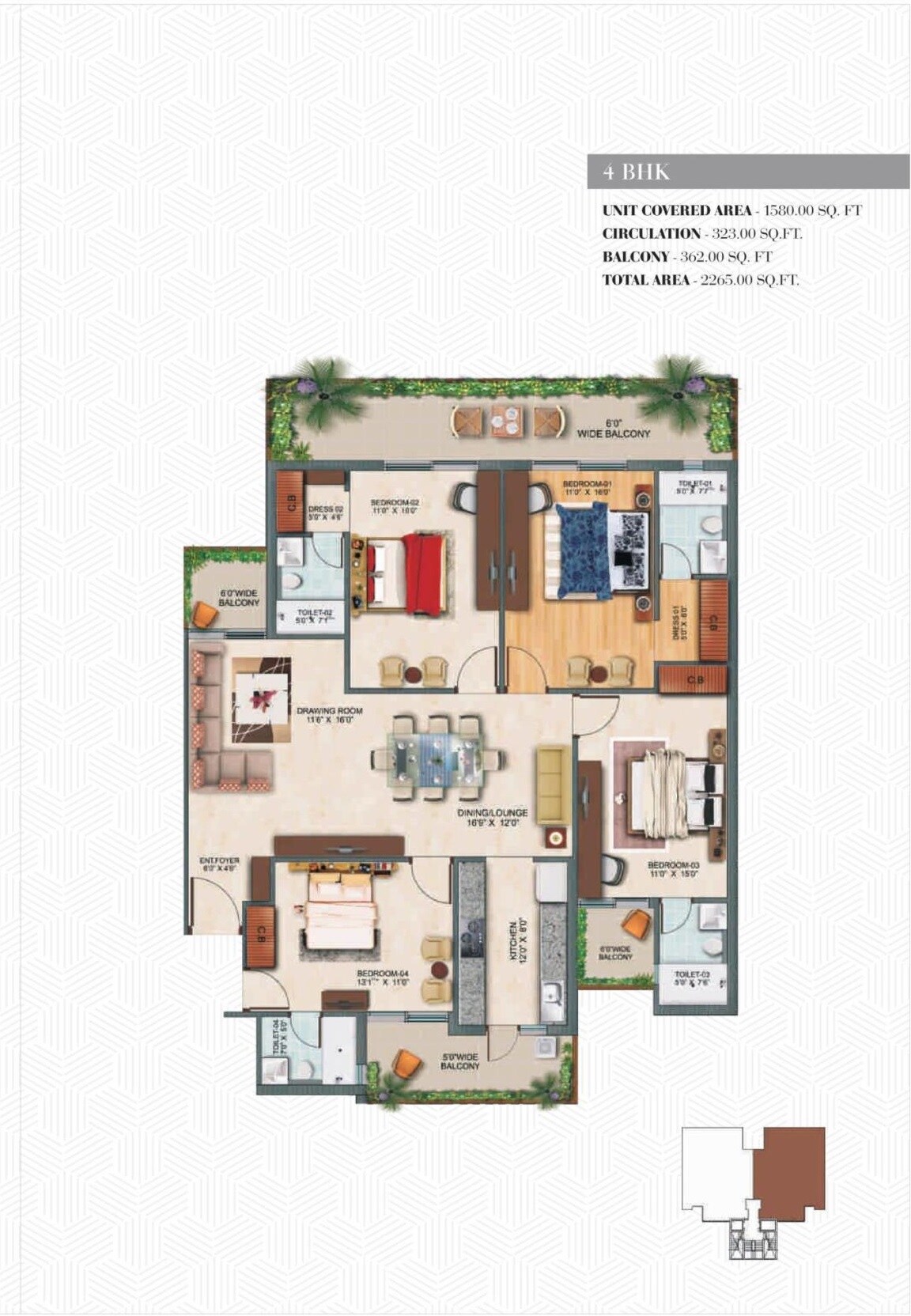 Floor plan of 4 BHK 1580 Sq. Ft. Apartment in Affinity Greens, Zirakpur