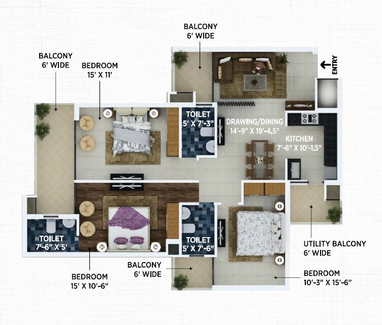 Floor plan of 3 BHK 1638 Sq. Ft. Apartment in Allwin El Spazia, Zirakpur