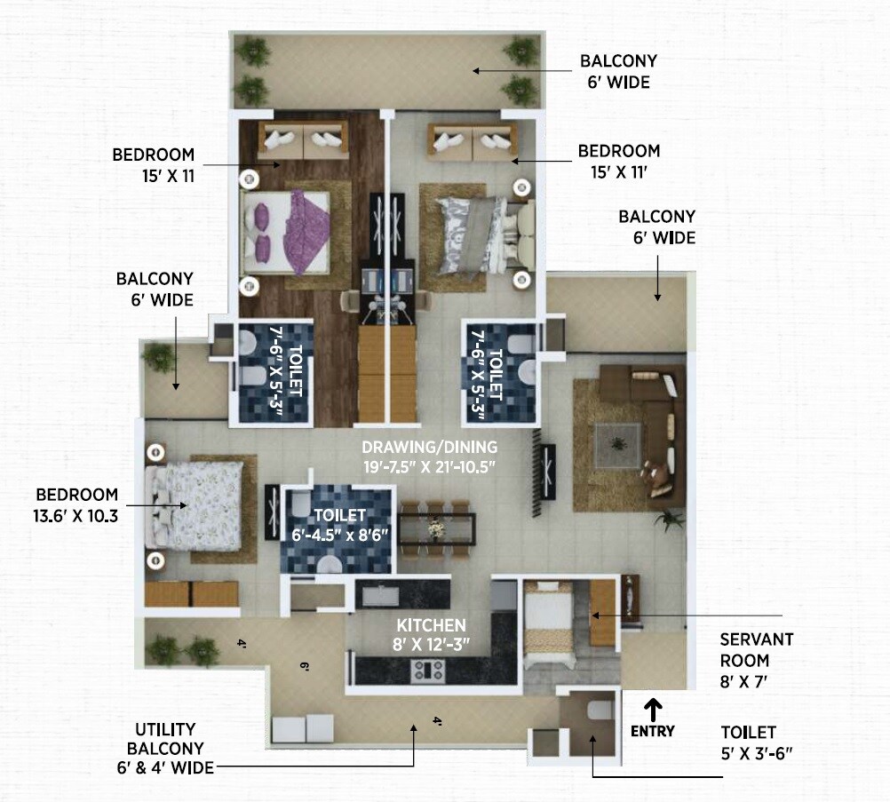 Floor plan of 3 BHK 2284 Sq. Ft. Apartment in Allwin El Spazia, Zirakpur