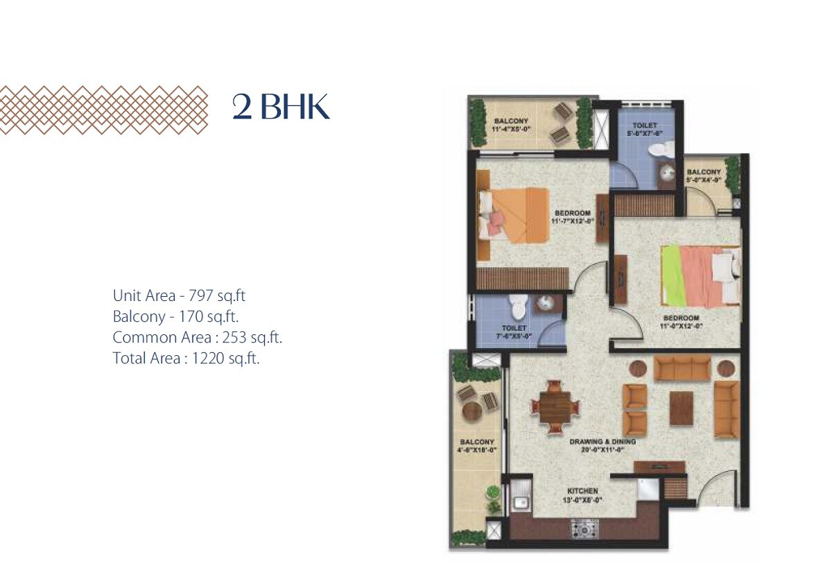 Floor plan of 2 BHK 1220 Sq. Ft. Apartment in Artique Uptown Skylla, Zirakpur