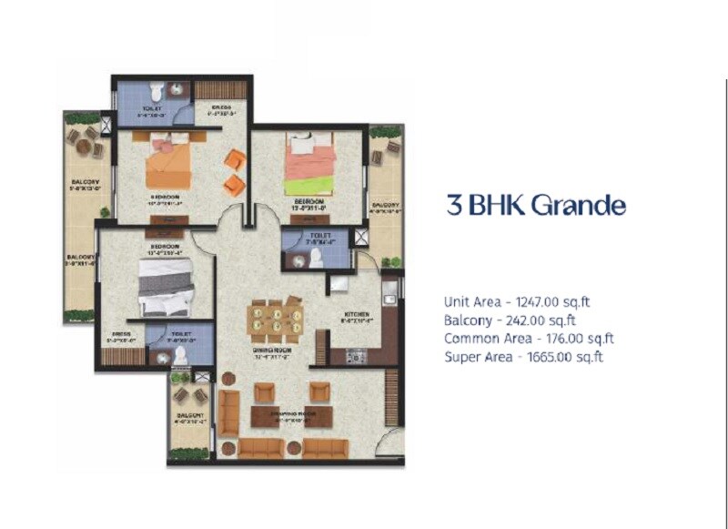 Floor plan of 3 BHK 1665 Sq. Ft. Apartment in Artique Uptown Skylla, Zirakpur