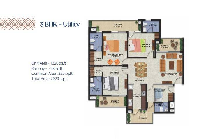 Floor plan of 3 BHK 2020 Sq. Ft. Apartment in Artique Uptown Skylla, Zirakpur