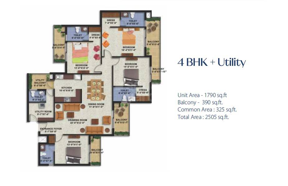 Floor plan of 4 BHK 2505 Sq. Ft. Apartment in Artique Uptown Skylla, Zirakpur