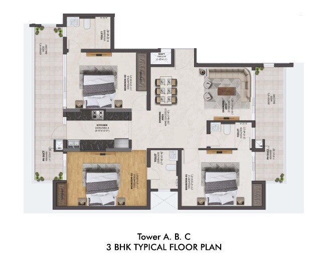 Floor plan of 3 BHK 1995 Sq. Ft. Apartment in Krishna Atlantis Grand, Zirakpur