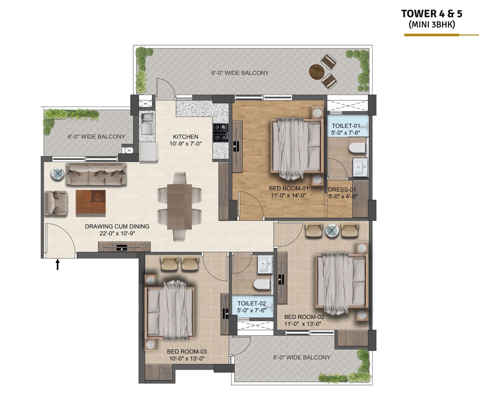 Floor plan of 3 BHK 1695 Sq. Ft. Apartment in Aura Gazania, Zirakpur