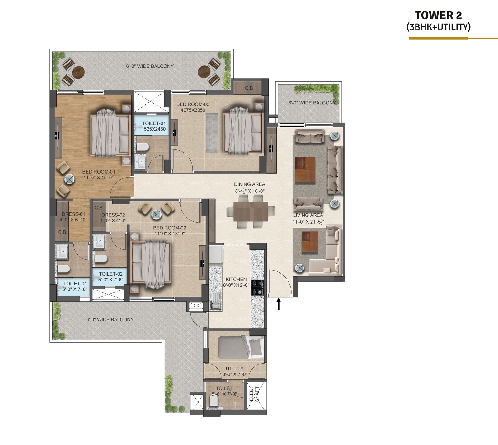 Floor plan of 3 BHK 2190 Sq. Ft. Apartment in Aura Gazania, Zirakpur
