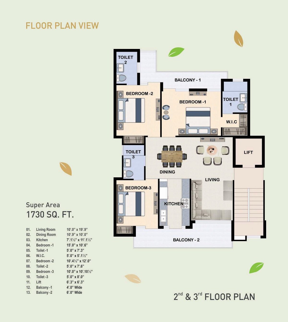 Floor plan of 3 BHK 1730 Sq. Ft. Apartment in Bliss Orra, Zirakpur