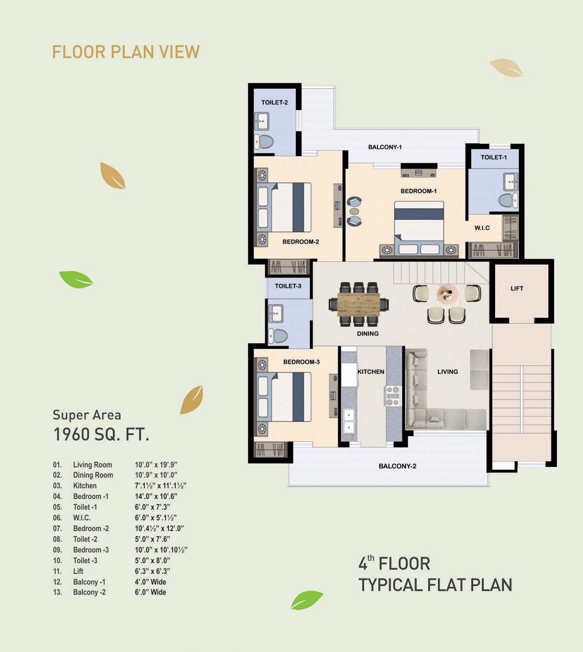 Floor plan of 3 BHK 1960 Sq. Ft. Apartment in Bliss Orra, Zirakpur