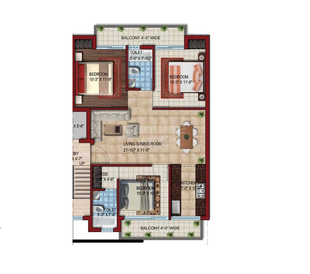 Floor plan of 3 BHK 1593 Sq. Ft. Ind Floor in Bollywood Esencia, Zirakpur