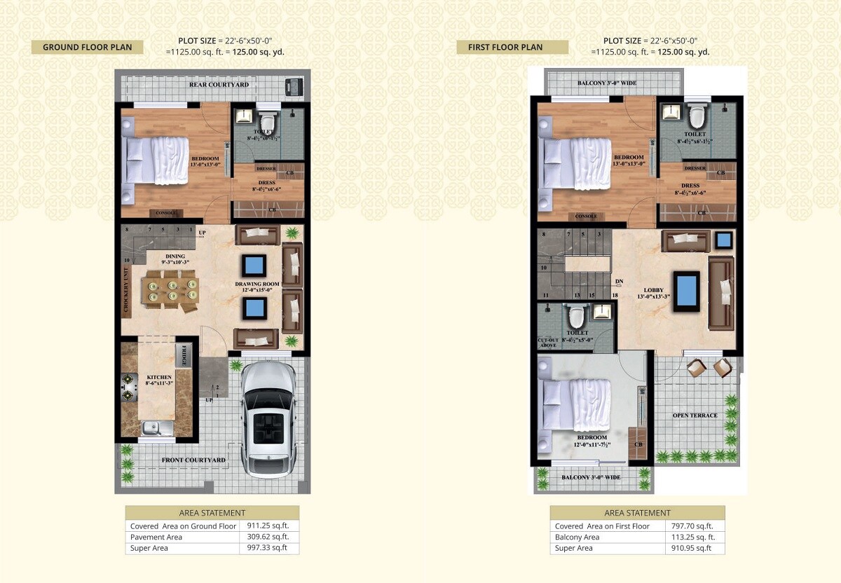 Floor plan of 3 BHK 1125 Sq. Ft. Villa in Central Town, Zirakpur