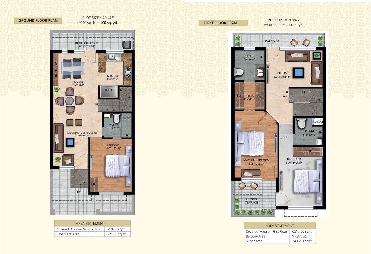 Floor plan of 3 BHK 900 Sq. Ft. Villa in Central Town, Zirakpur