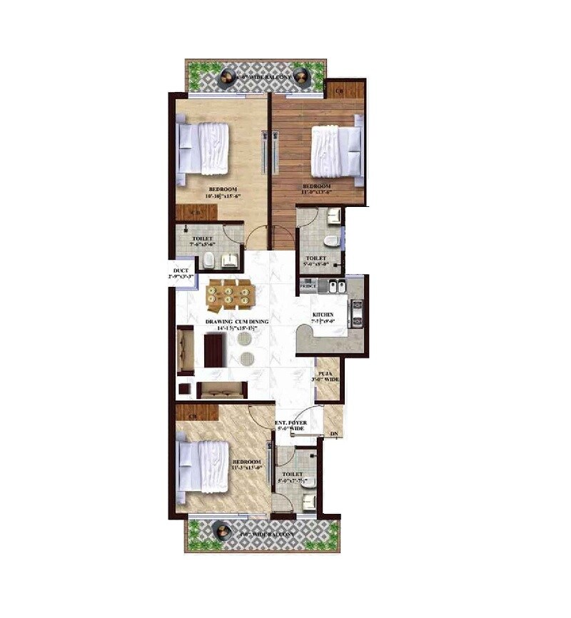 Floor plan of 3 BHK 1007 Sq. Ft. Apartment in GHB Splande, Zirakpur
