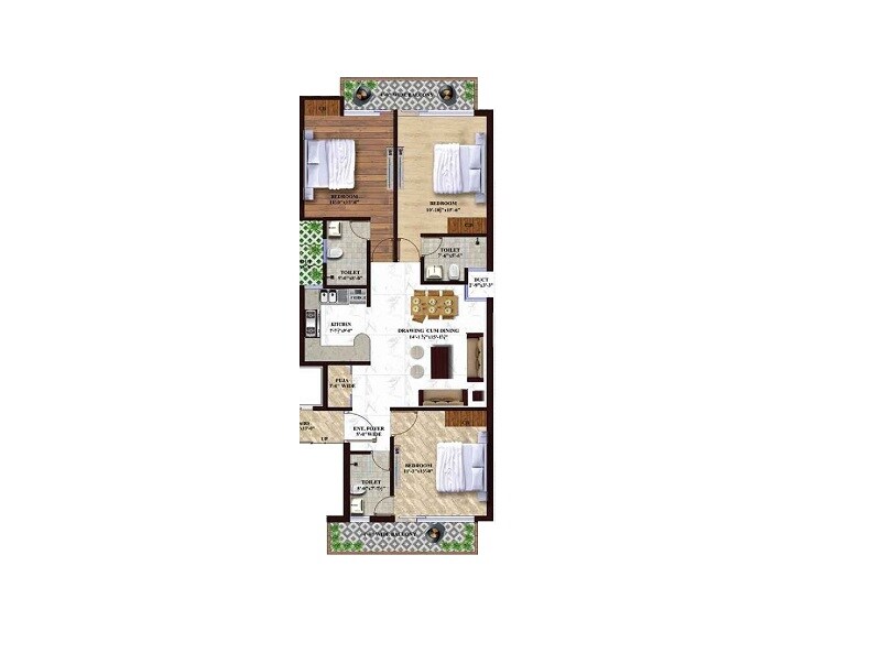 Floor plan of 3 BHK 1059 Sq. Ft. Apartment in GHB Splande, Zirakpur