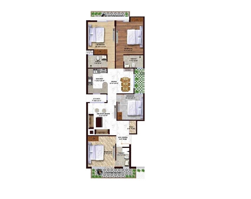 Floor plan of 4 BHK 1108 Sq. Ft. Apartment in GHB Splande, Zirakpur