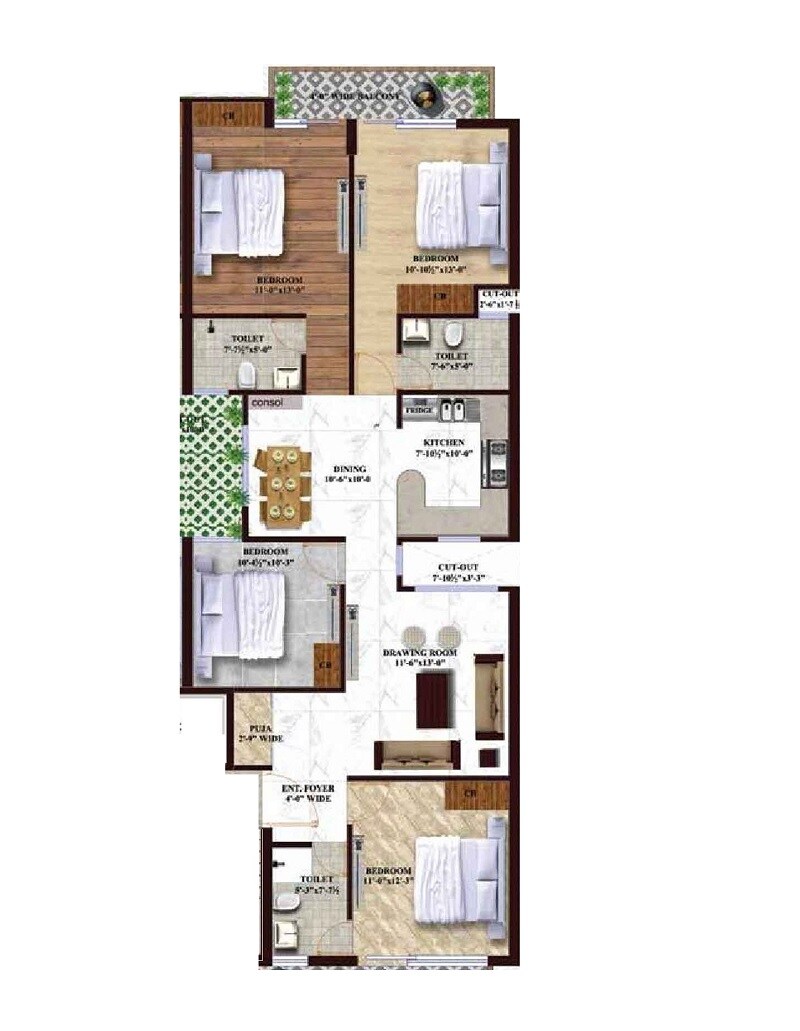 Floor plan of 4 BHK 1296 Sq. Ft. Apartment in GHB Splande, Zirakpur