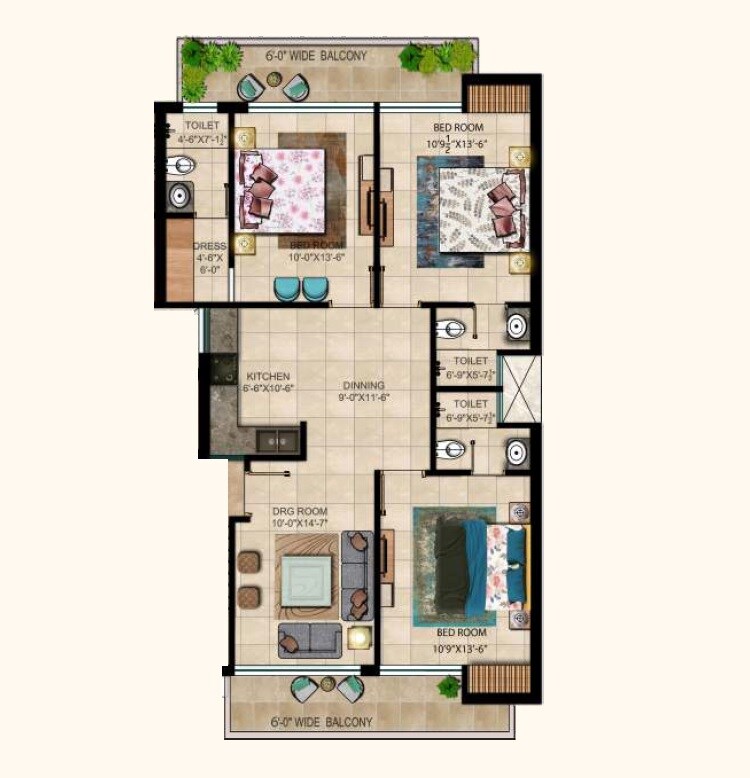 Floor plan of 3 BHK 1737 Sq. Ft. Apartment in Green Valley Residencia, Zirakpur