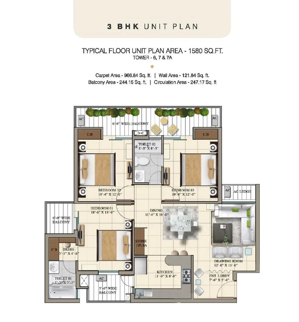 Floor plan of 3 BHK 1580 Sq. Ft. Apartment in Highland Park Chandigarh, Zirakpur
