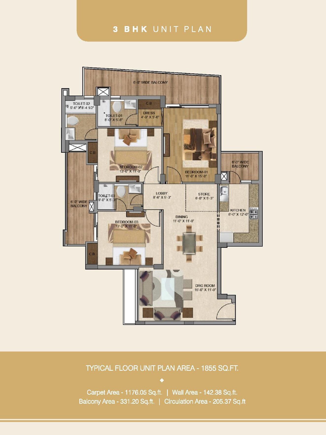 Floor plan of 3 BHK 1855 Sq. Ft. Apartment in Highland Park Chandigarh, Zirakpur