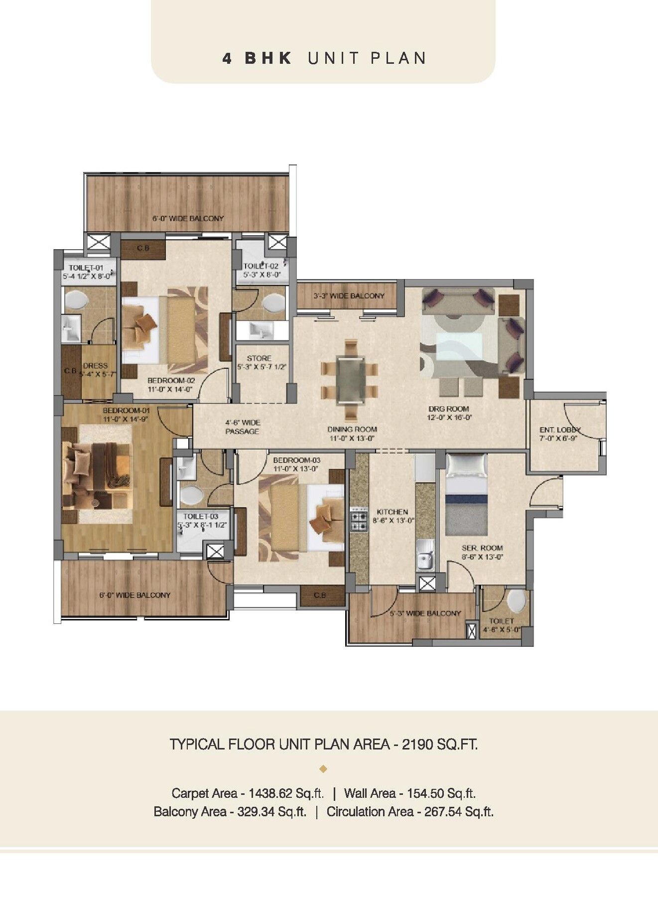 Floor plan of 4 BHK 2190 Sq. Ft. Apartment in Highland Park Chandigarh, Zirakpur