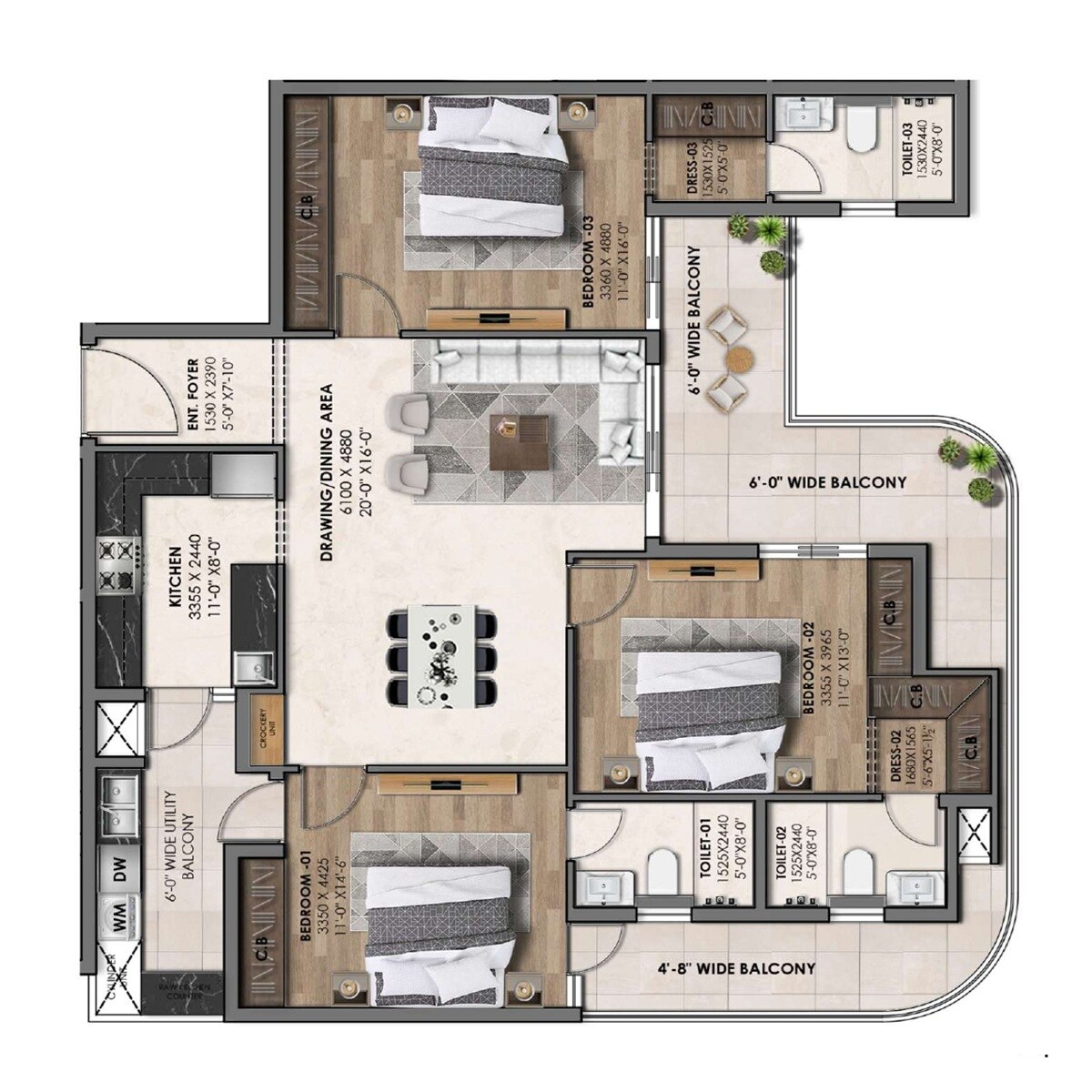 Floor plan of 3 BHK 1130 Sq. Ft. Apartment in Krishna Atlantis Heights, Zirakpur