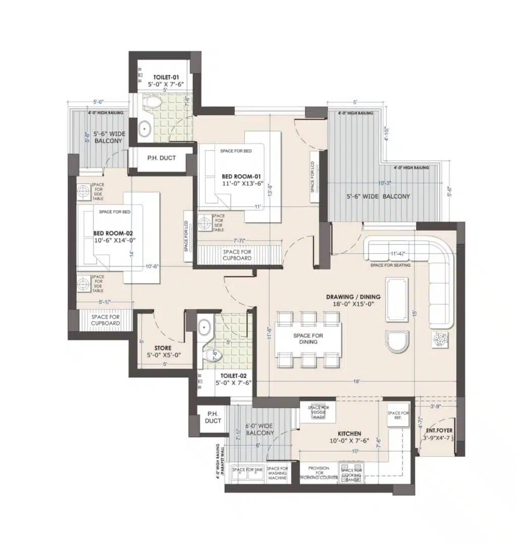 Floor plan of 2 BHK 1305 Sq. Ft. Apartment in Malwa Escon Primera, Zirakpur