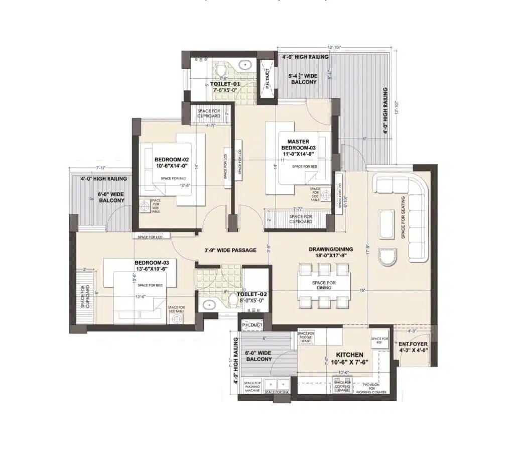 Floor plan of 3 BHK 2050 Sq. Ft. Apartment in Malwa Escon Primera, Zirakpur