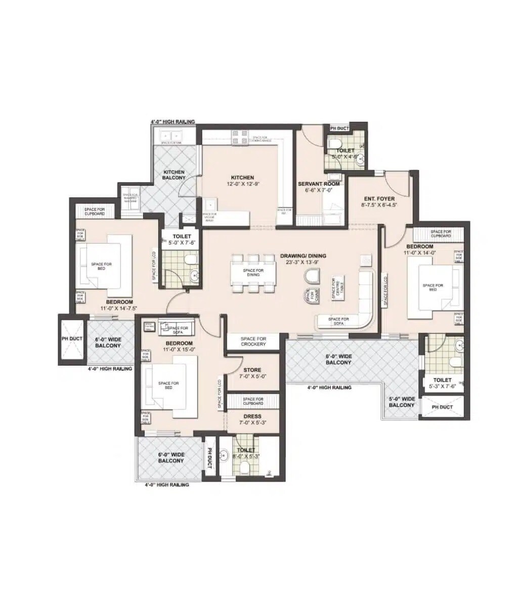 Floor plan of 3 BHK 2250 Sq. Ft. Apartment in Malwa Escon Primera, Zirakpur