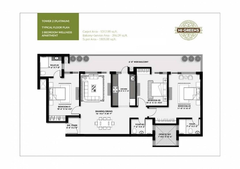 Floor plan of 3 BHK 1013 Sq. Ft. Apartment in MRS Hi Greens, Zirakpur